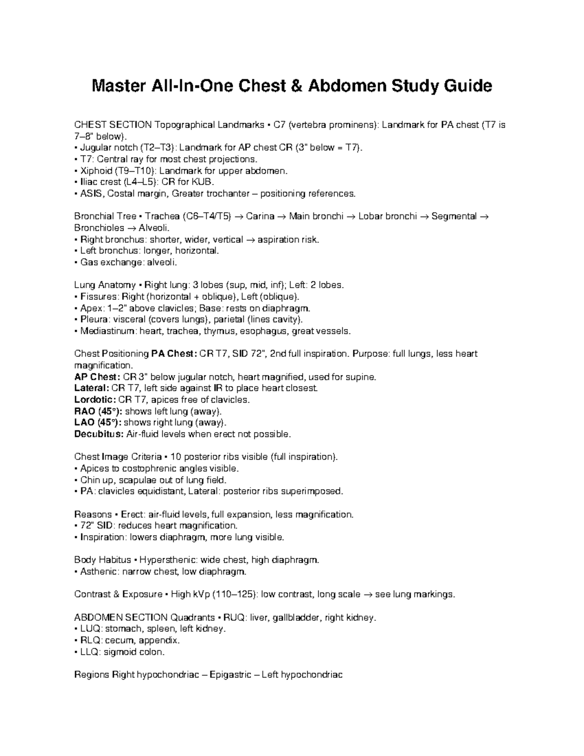 Master Study Guide for Chest & Abdomen Imaging Techniques (RAD 101 ...