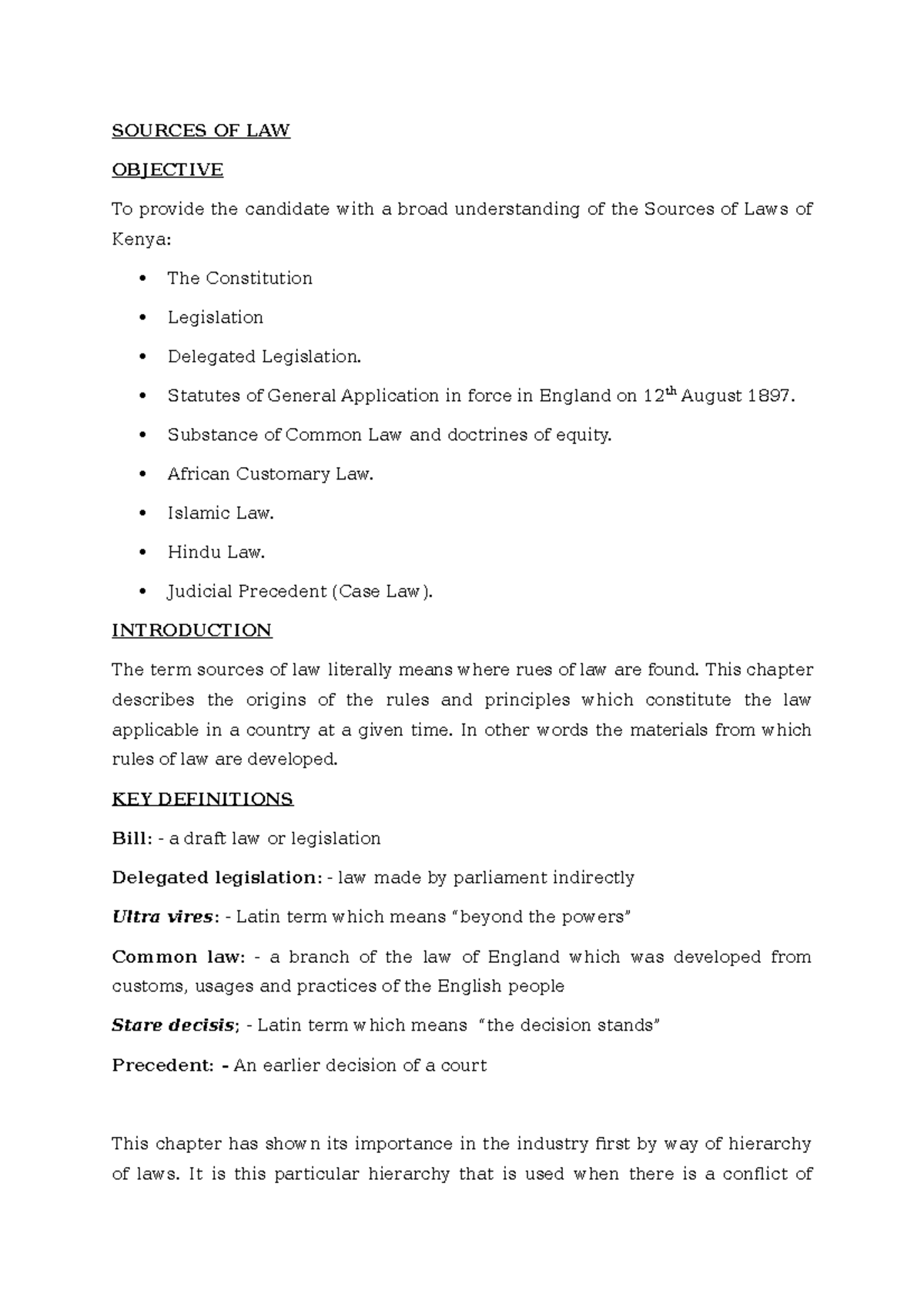 Sources of Law in Kenya - Lecture Notes 4 for Legal Studies - Studocu