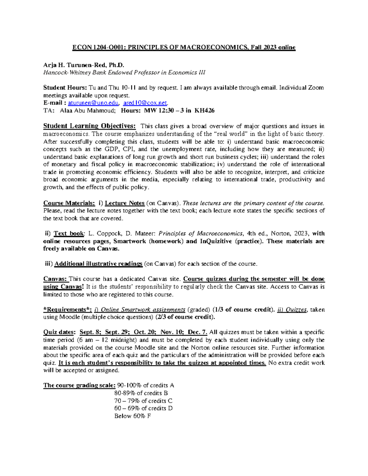ECON 1204-O001 FALL 2023 Online Macroeconomics Course Syllabus - Studocu