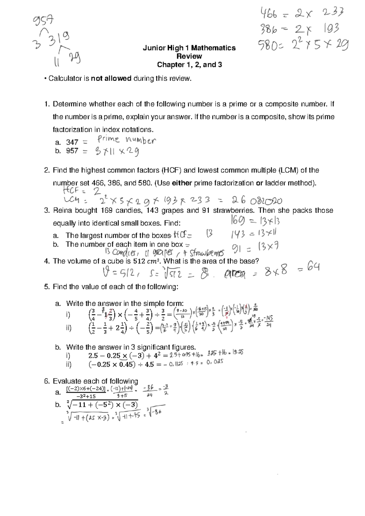 Junior High 1 Math Review: Chapters 1-3 Test Prep - Studocu