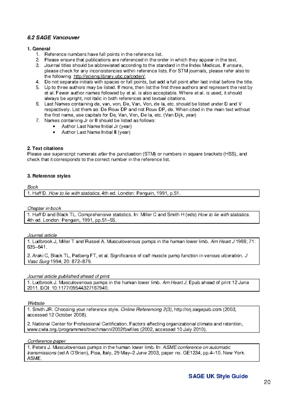 SAGE Vancouver Reference Style Guide 1: Key Points and Examples - Studocu
