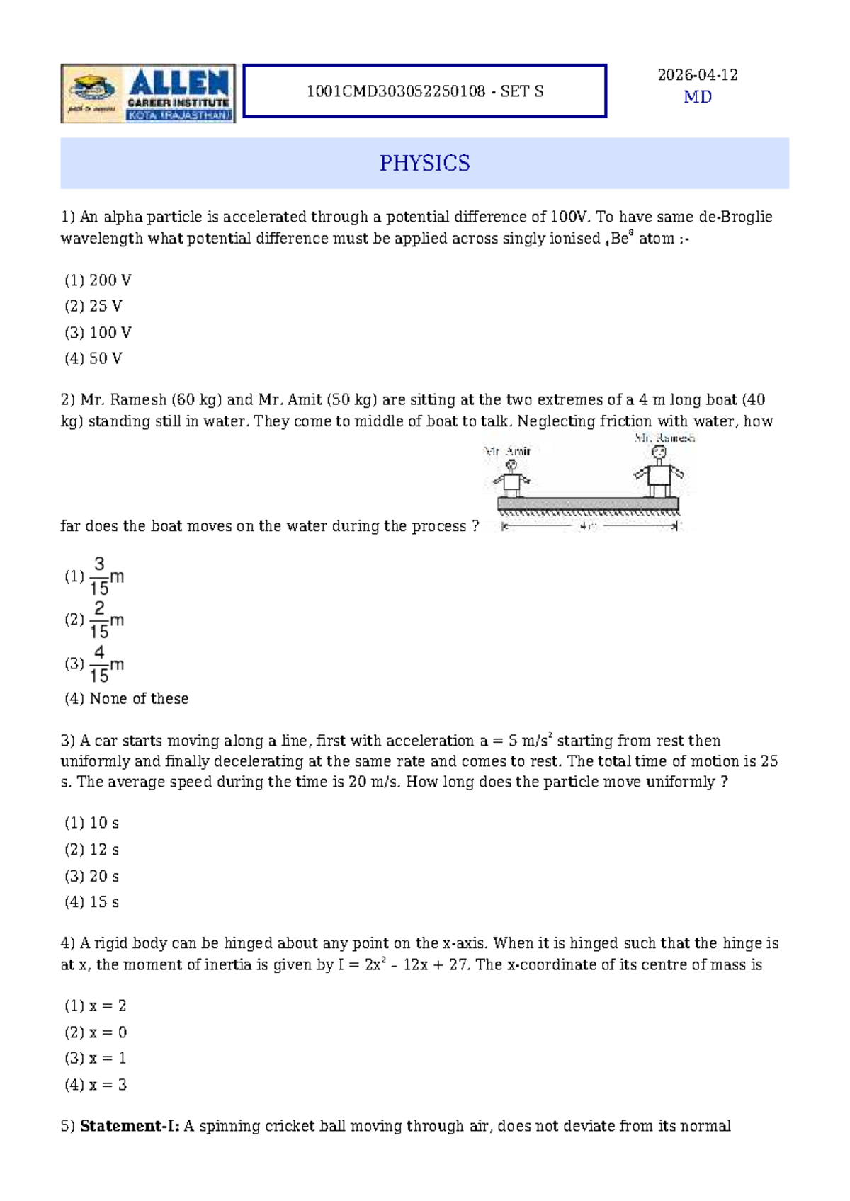 1001CMD303052250108 Major Test - Physics Concepts and Problems - Studocu