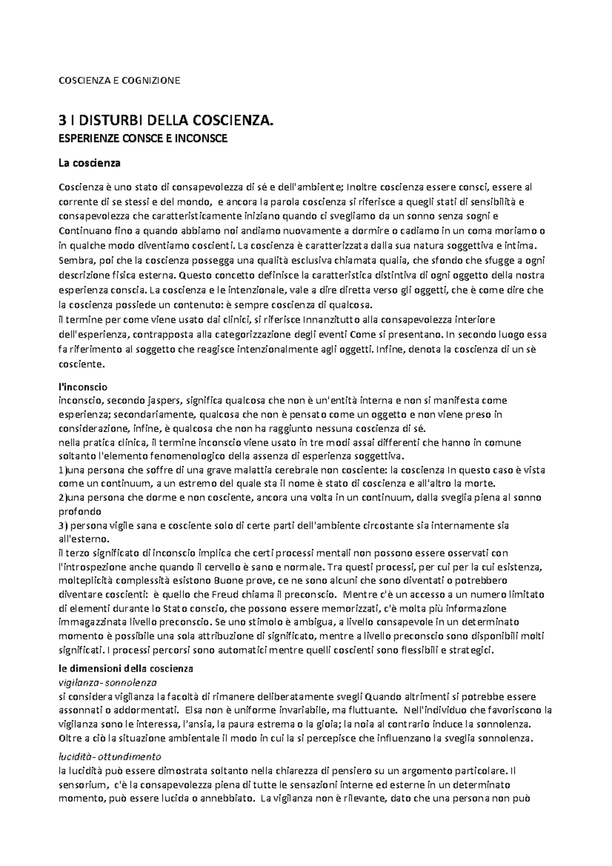 Introduzione alla Psicopatologia Descrittiva - SIMS - Disturbi della Coscienza CAP 3-7 - Document Preview