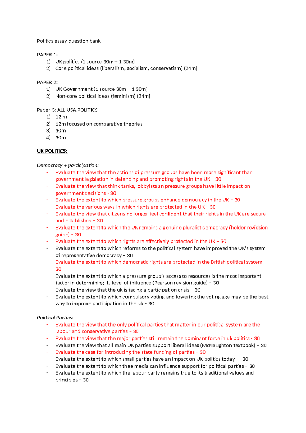 Politics Essay Questions Bank: UK & USA Perspectives (PAPER 1-3) - Studocu