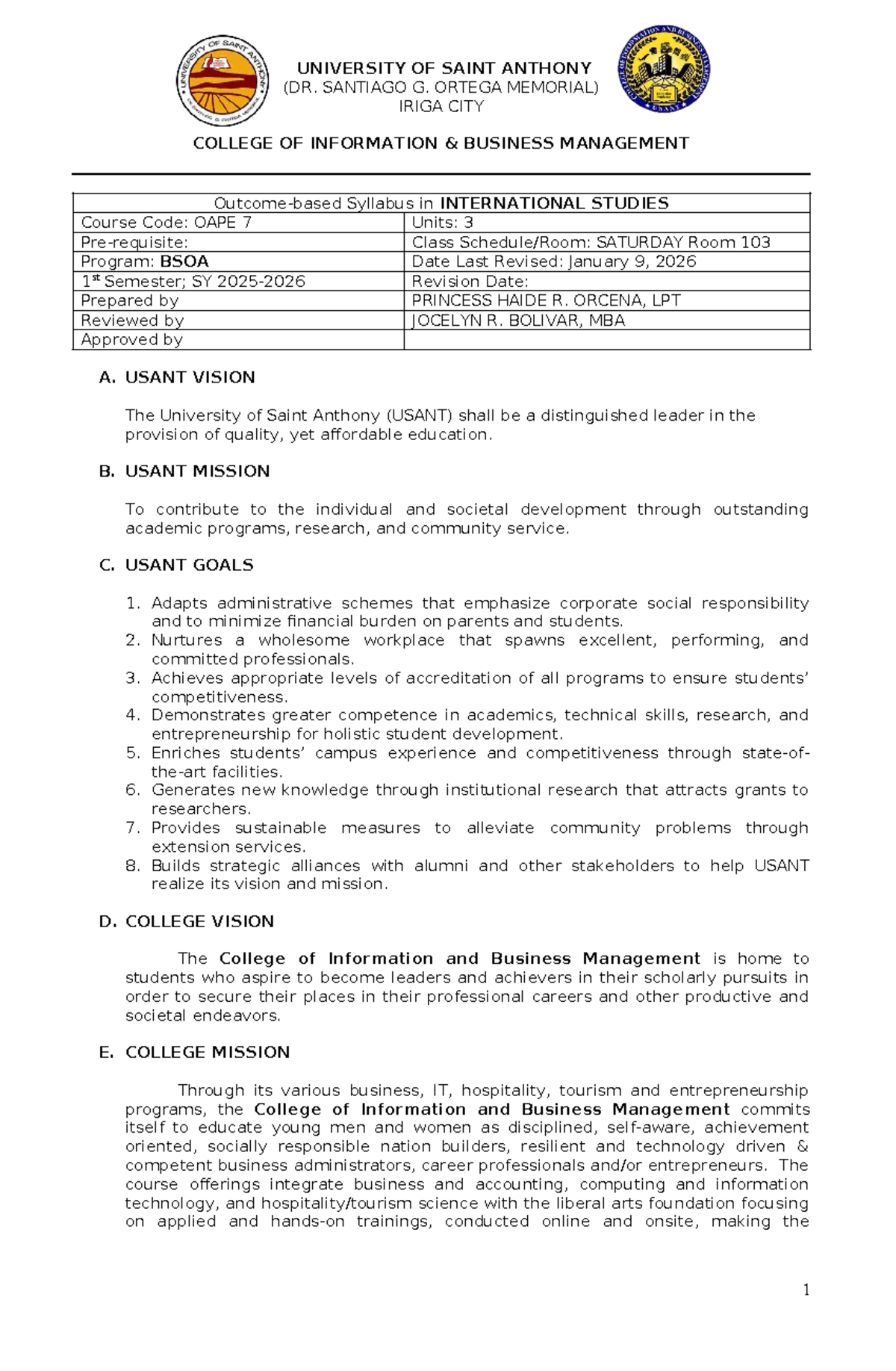 Syllabus for International Studies (OAPE 7) - BSOA Program - Studocu