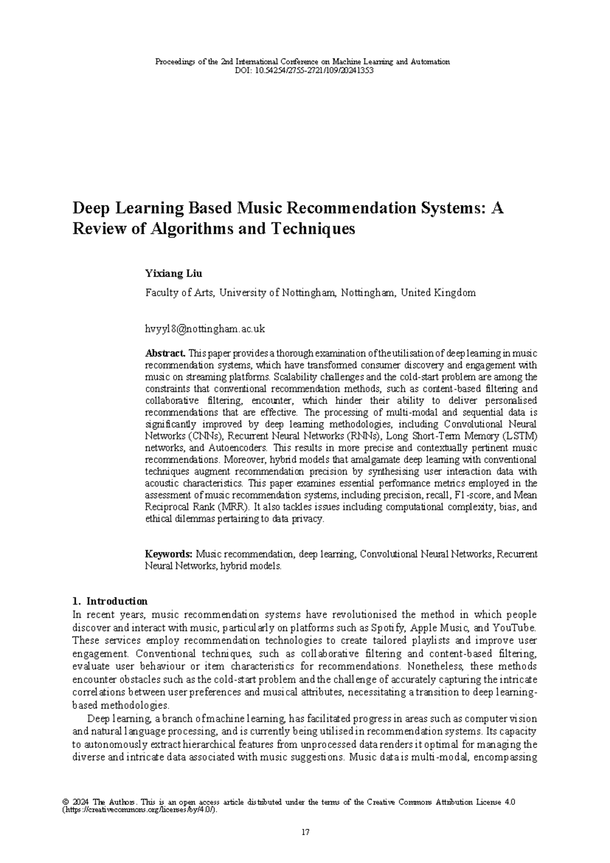 Deep Learning Based Music Recommendation Systems A - ac Abstract. This ...