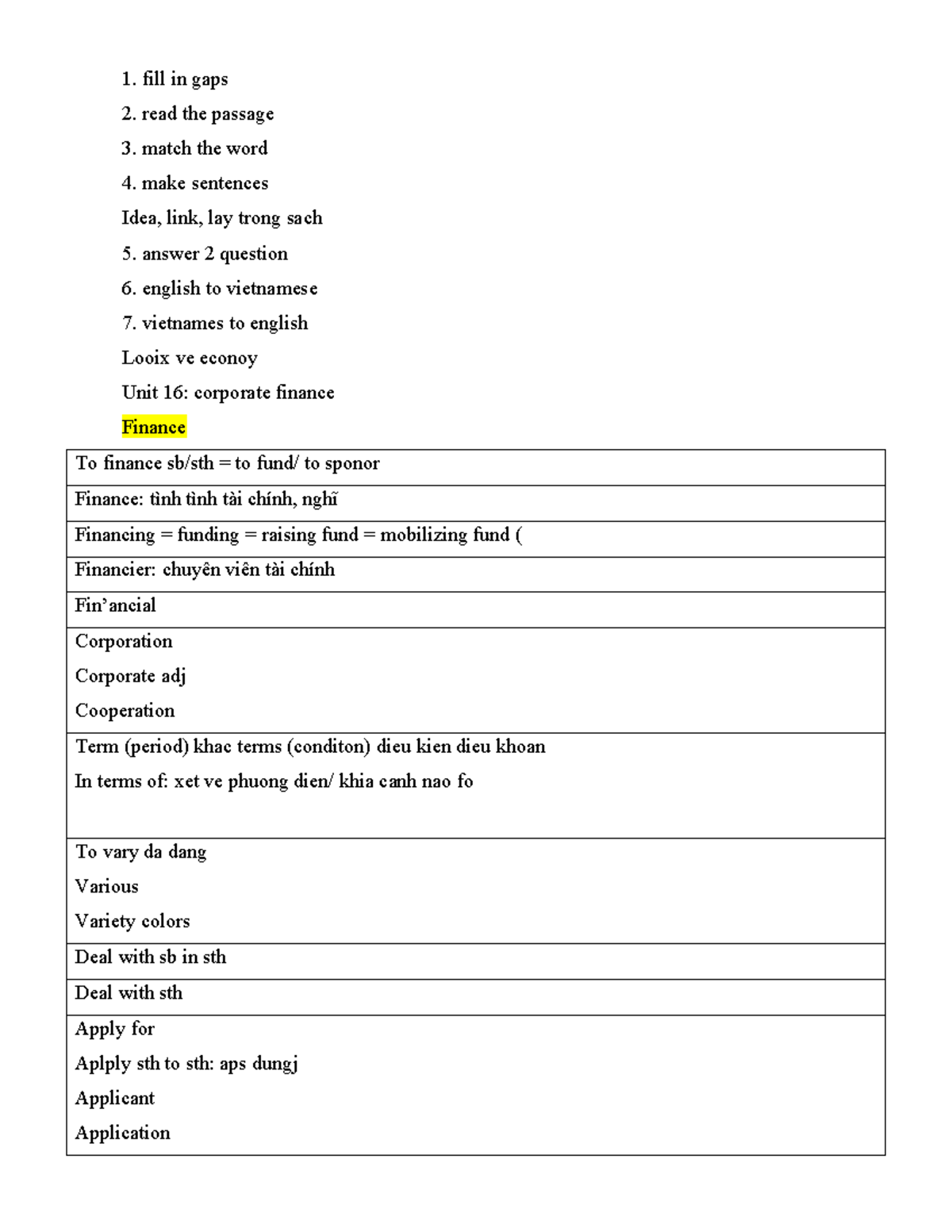 Unit 16: Corporate Finance Vocabulary & Exercises - Studocu