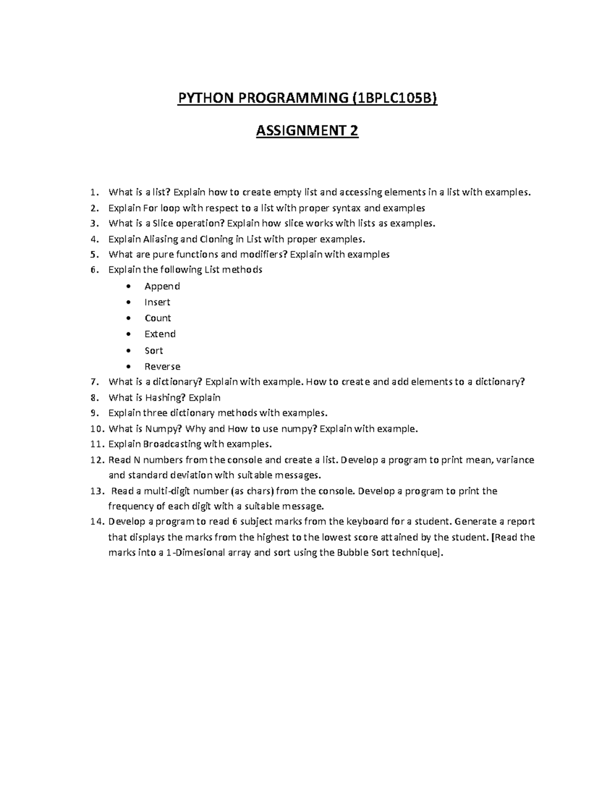 PYTHON PROGRAMMING (1BPLC105B) ASSIGNMENT 2: LISTS & DICTIONARIES - Studocu