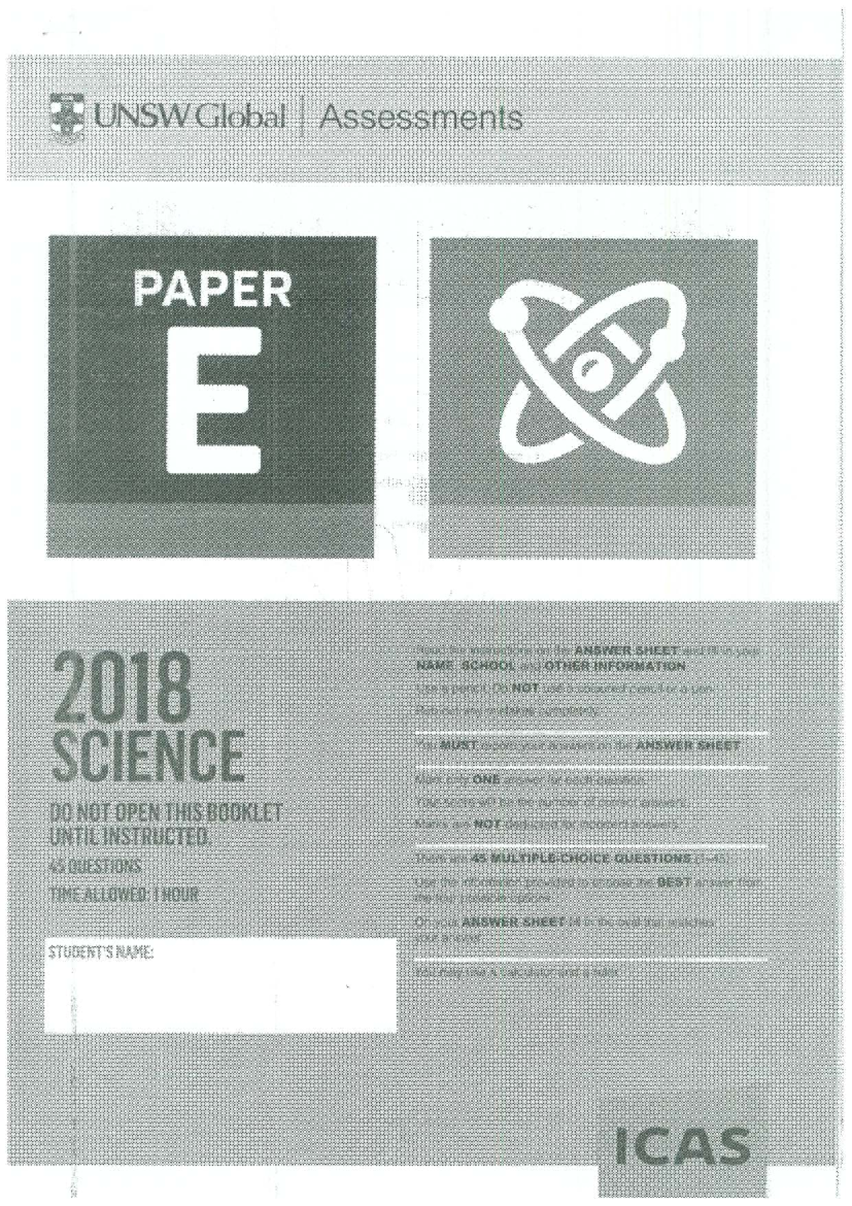 2018 ICAS Science Paper E - Answer Sheet and Questions - Studocu