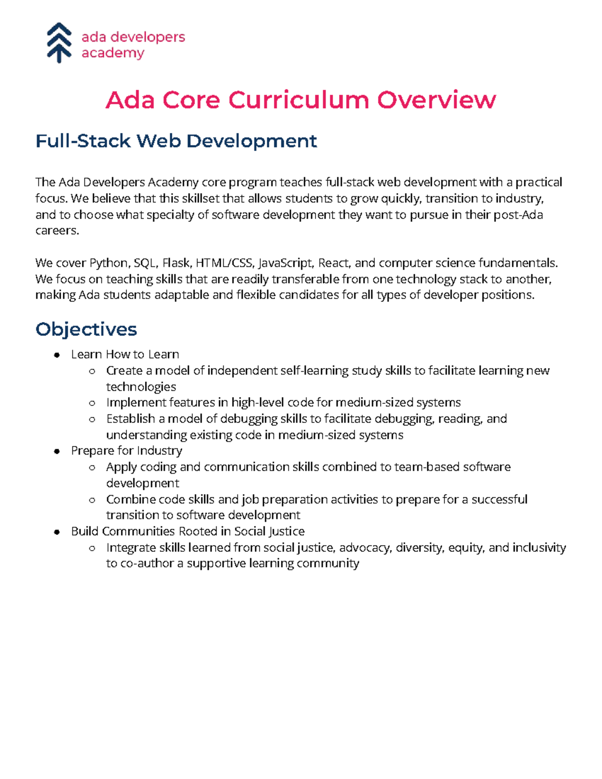 Ada Core Curriculum Overview 2024: Web Development Focus - Studocu