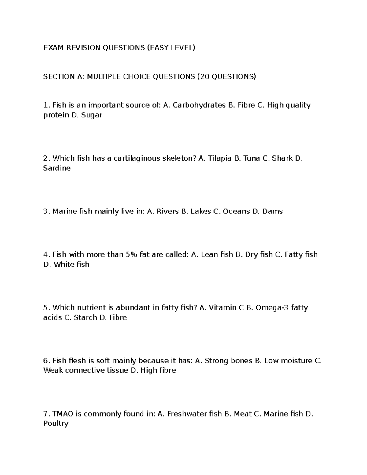 FISH 101: EXAM REVISION QUESTIONS & ANSWERS (MULTIPLE CHOICE & SHORT ...