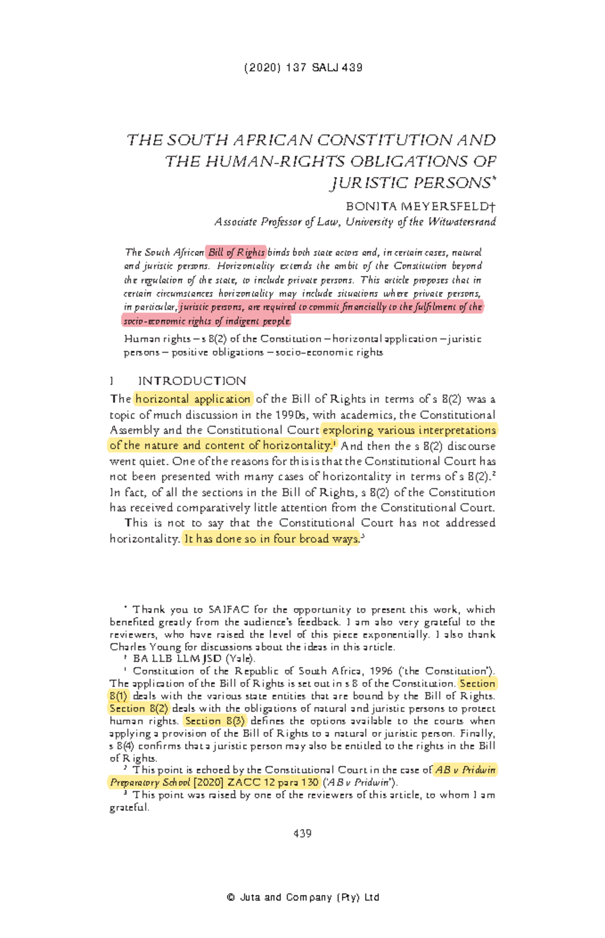 The South African Constitution and Juristic Persons' Human Rights ...