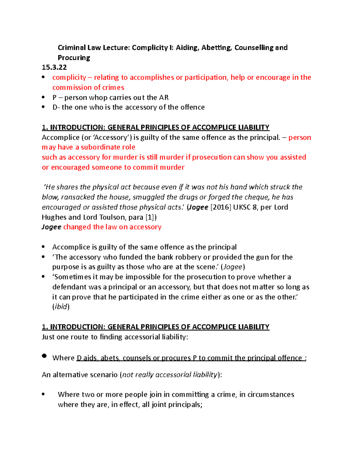 Criminal Law 15.3: Complicity, Aiding & Abetting Lecture Notes - Studocu