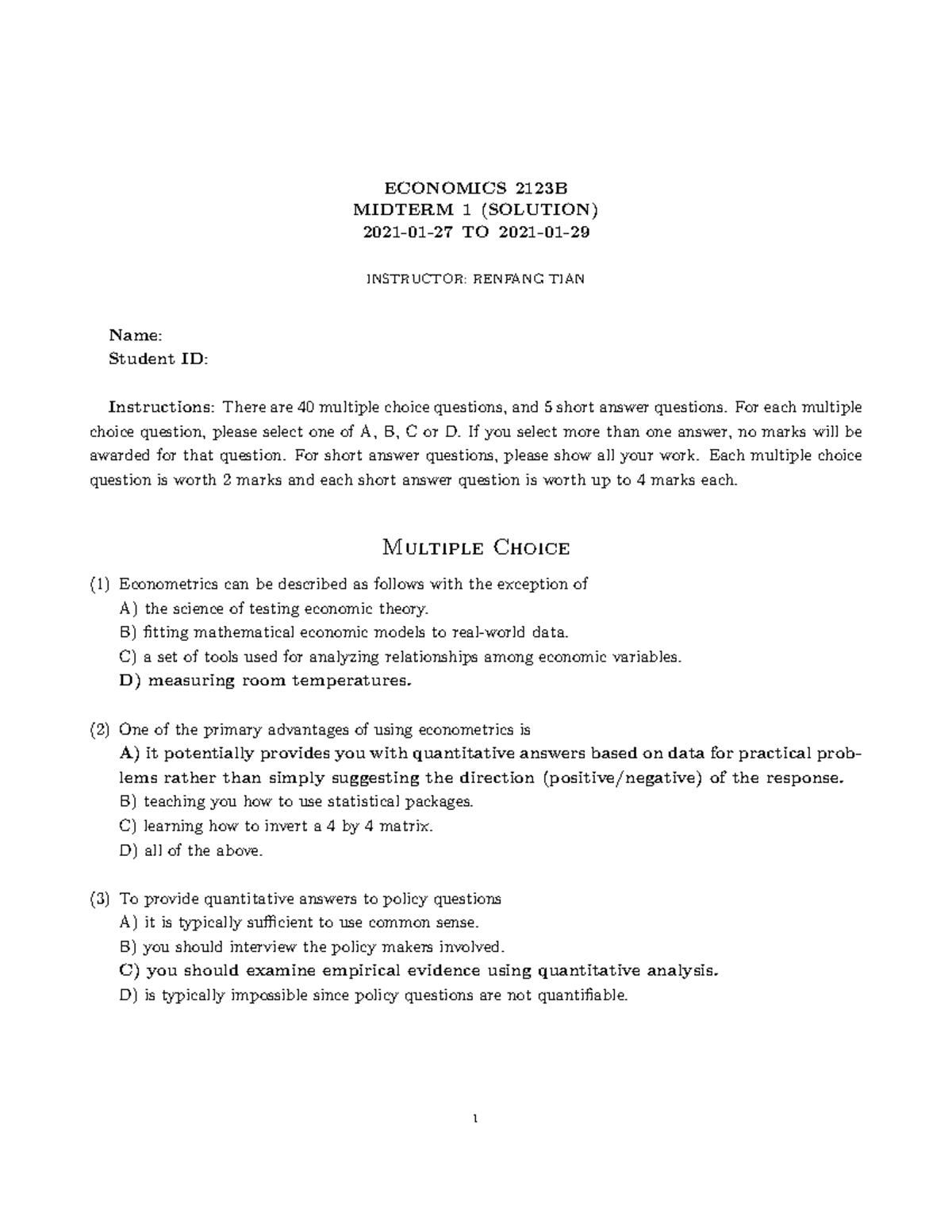 ECON2123 Midterm 1 Solutions and Explanations (2021) - Studocu