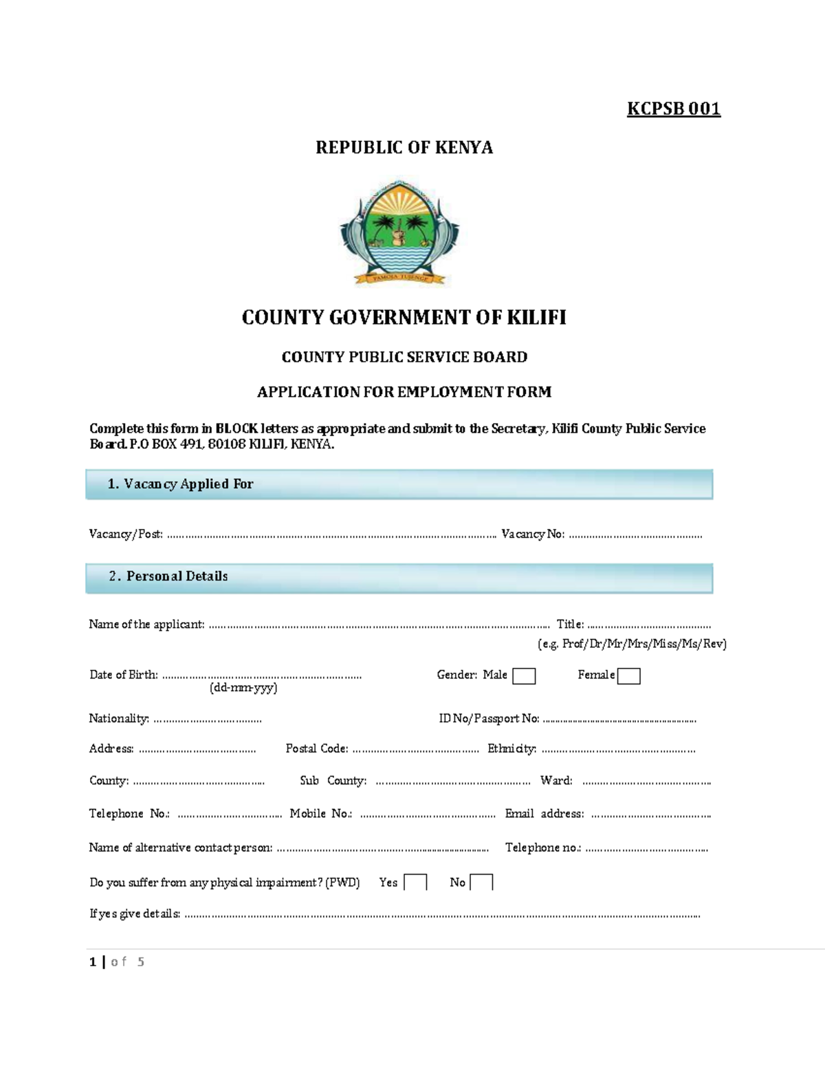 KCPSB 001 Application for Employment Form - 2023 Edition - Studocu