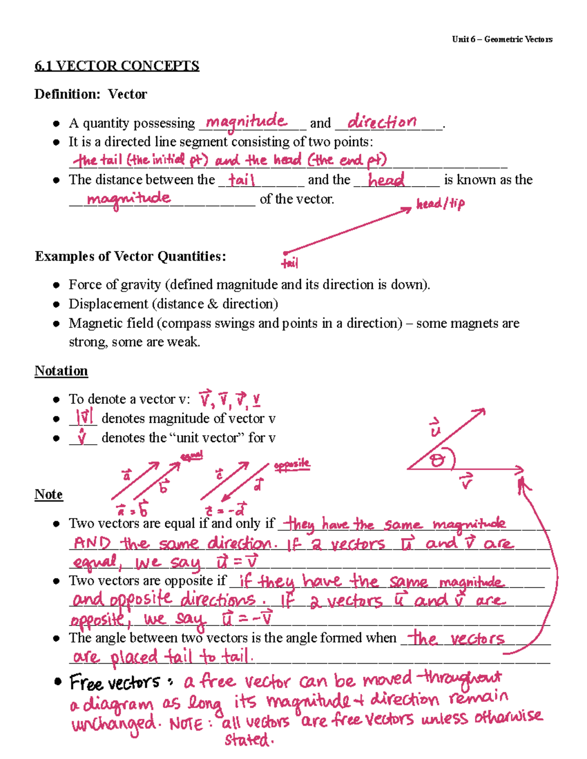Unit 6: Geometric Vectors - Practice on Vector Concepts - Studocu