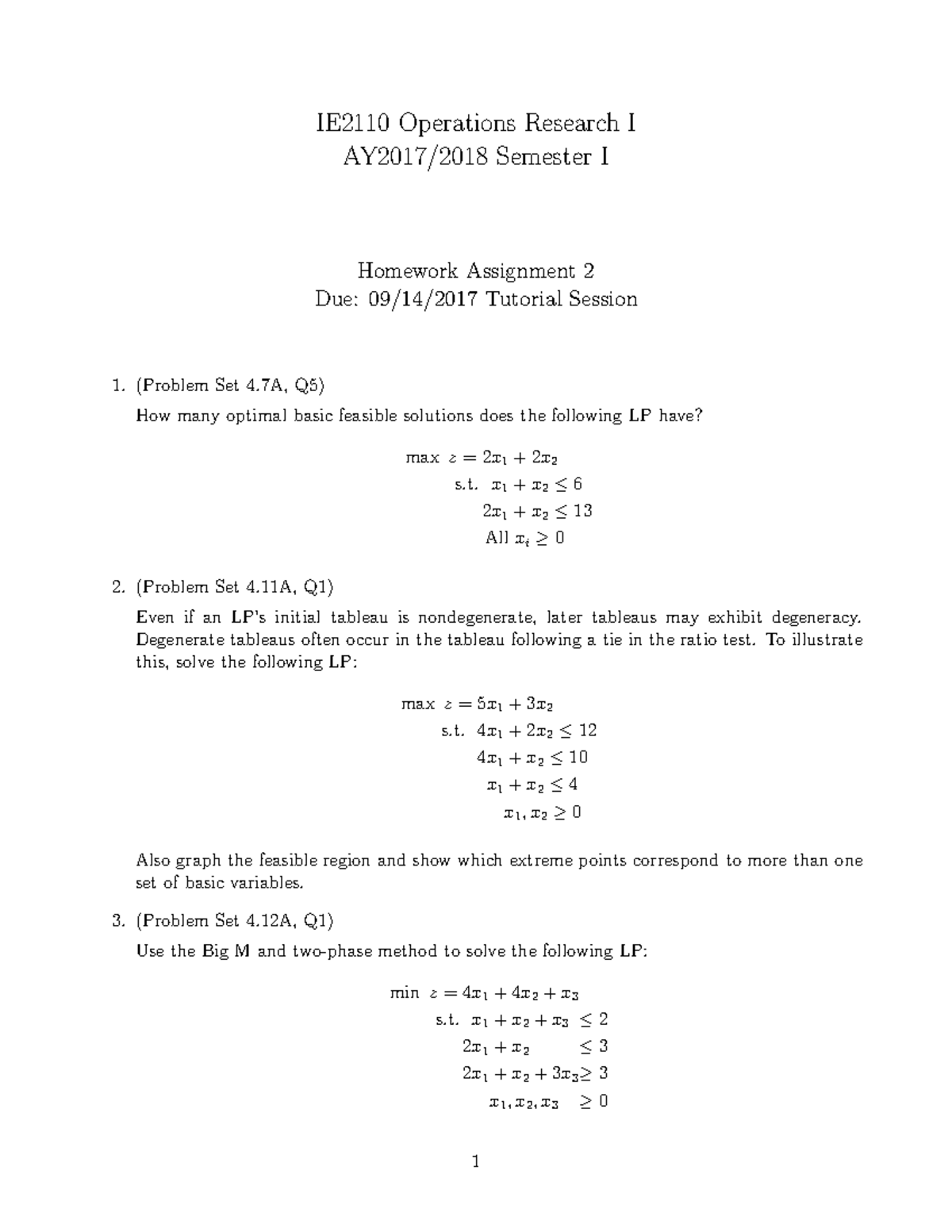 IE2110 Qns Set 2 - IE2110 Operations Research I AY2017/2018 Semester I ...