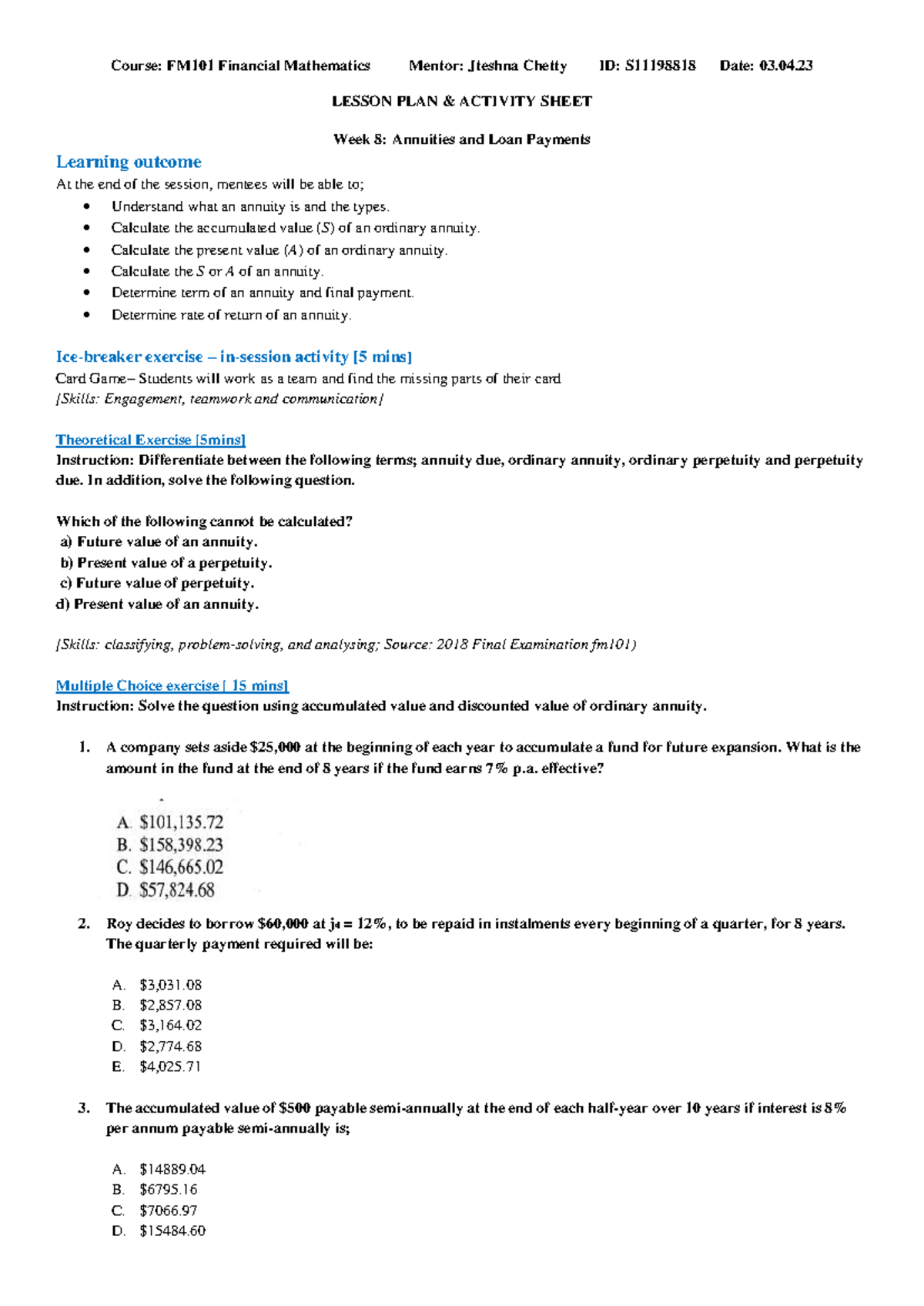 Activity Sheet Week 8: Annuities & Loan Payments - FM101 - Studocu