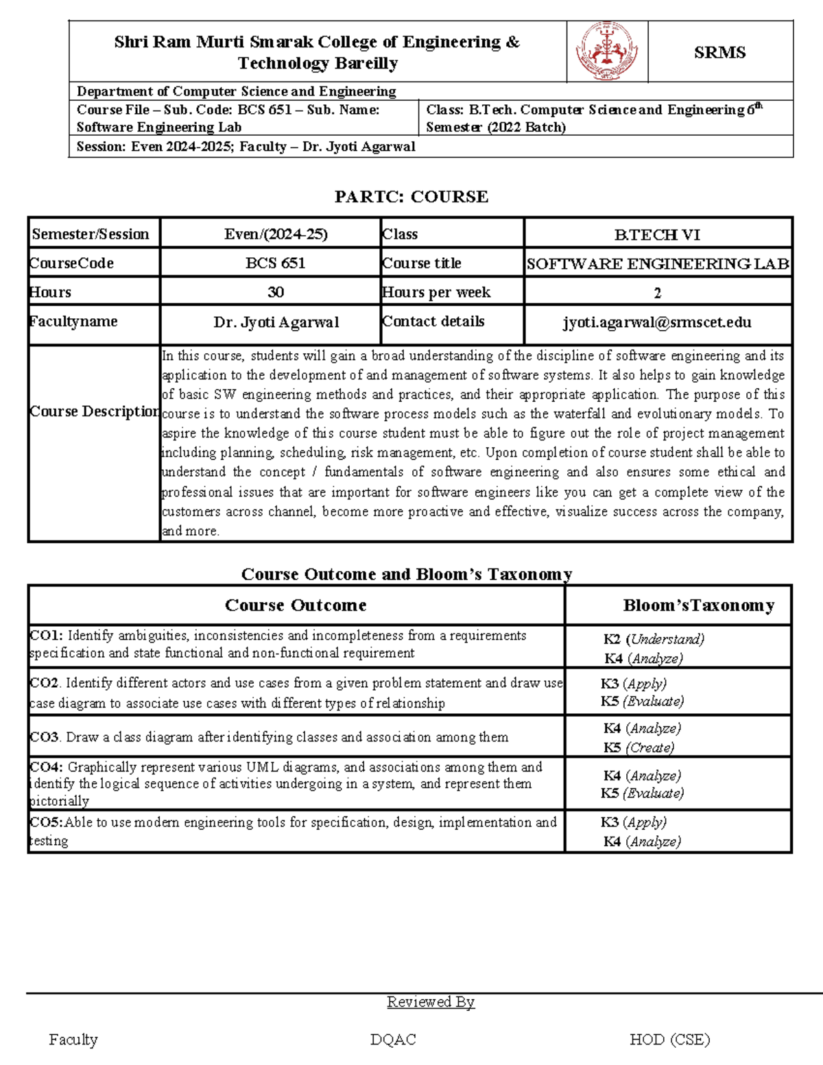 Updated SE LAB OBE - Technology Bareilly SRMS Department of Computer ...