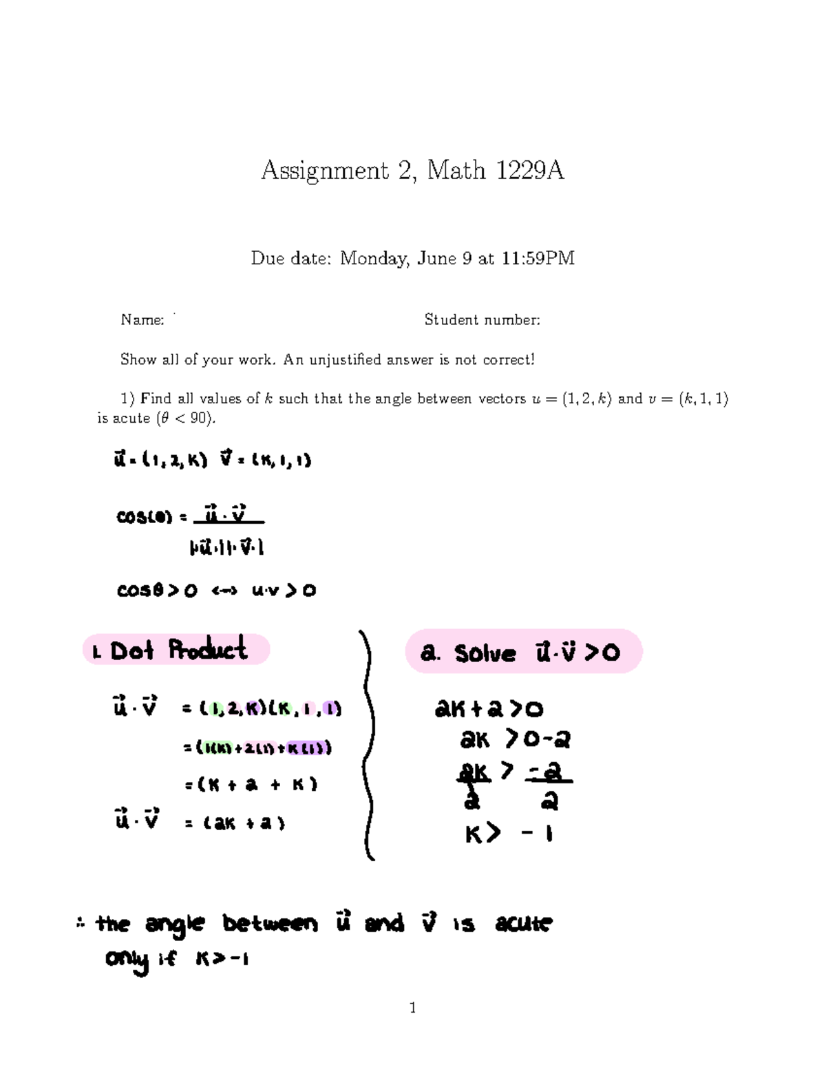 Math 1229A Assignment 2: Vectors and Angles Analysis - Studocu