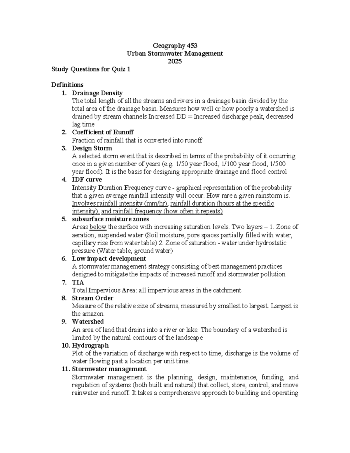 Geography 453 Urban Stormwater Management Quiz 1 Study Guide 2025 - Studocu