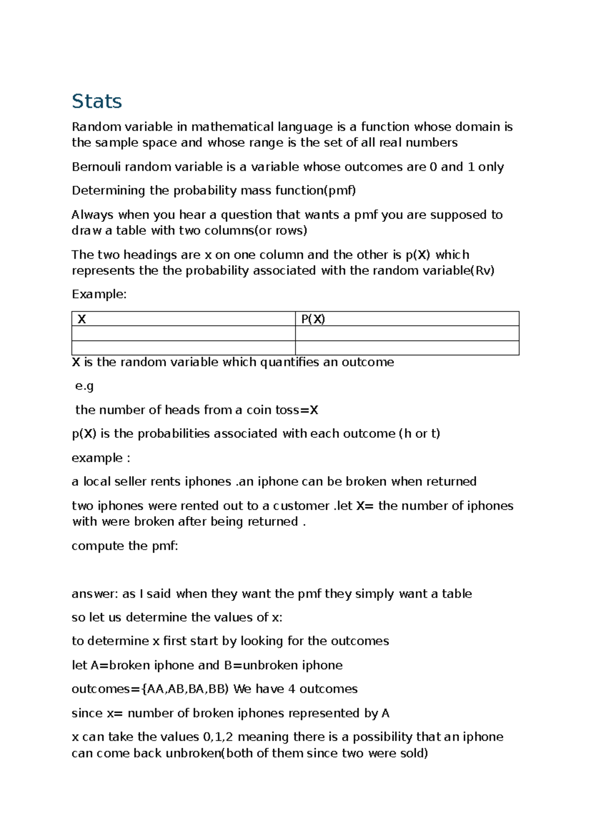 Stats Notes: Understanding Random Variables and PMF in Stats - Studocu