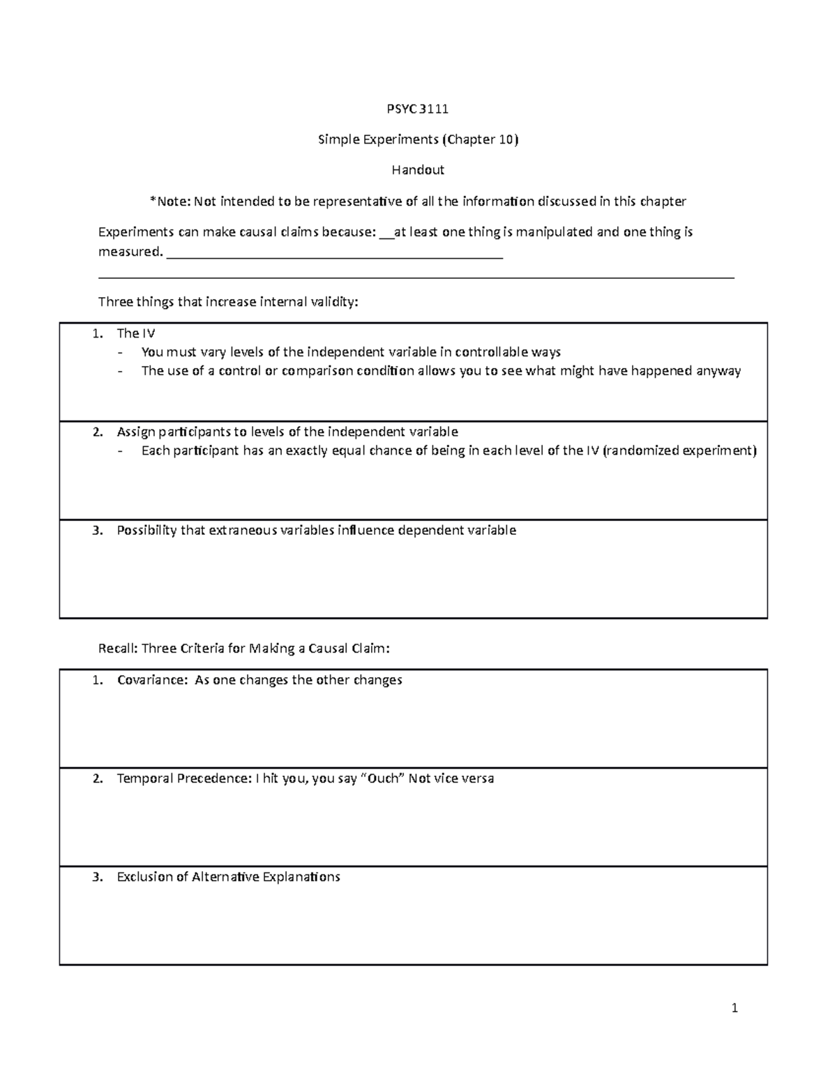 PSYC 3111 Simple Experiments (Chapter 10) Handout - PSYC 3111 Simple ...