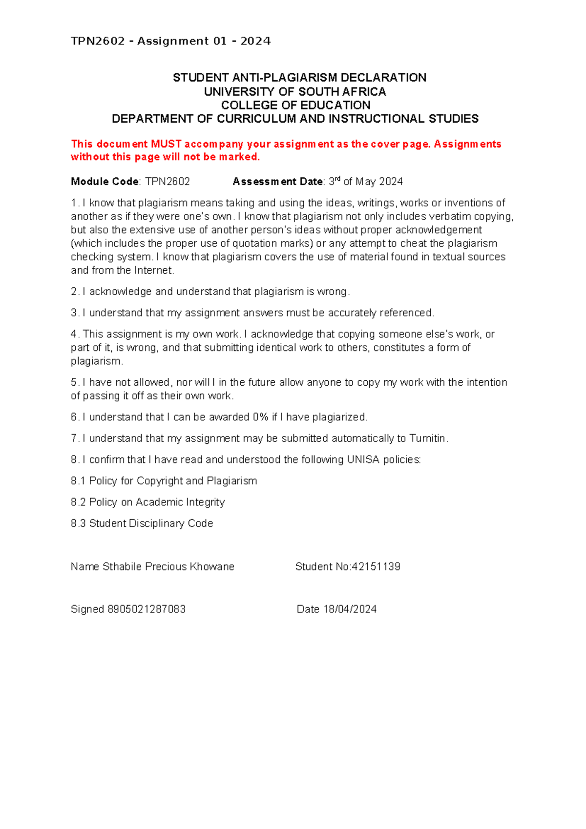 Assignment 01 - TPN2602 Anti-Plagiarism Declaration - 2024 - Studocu
