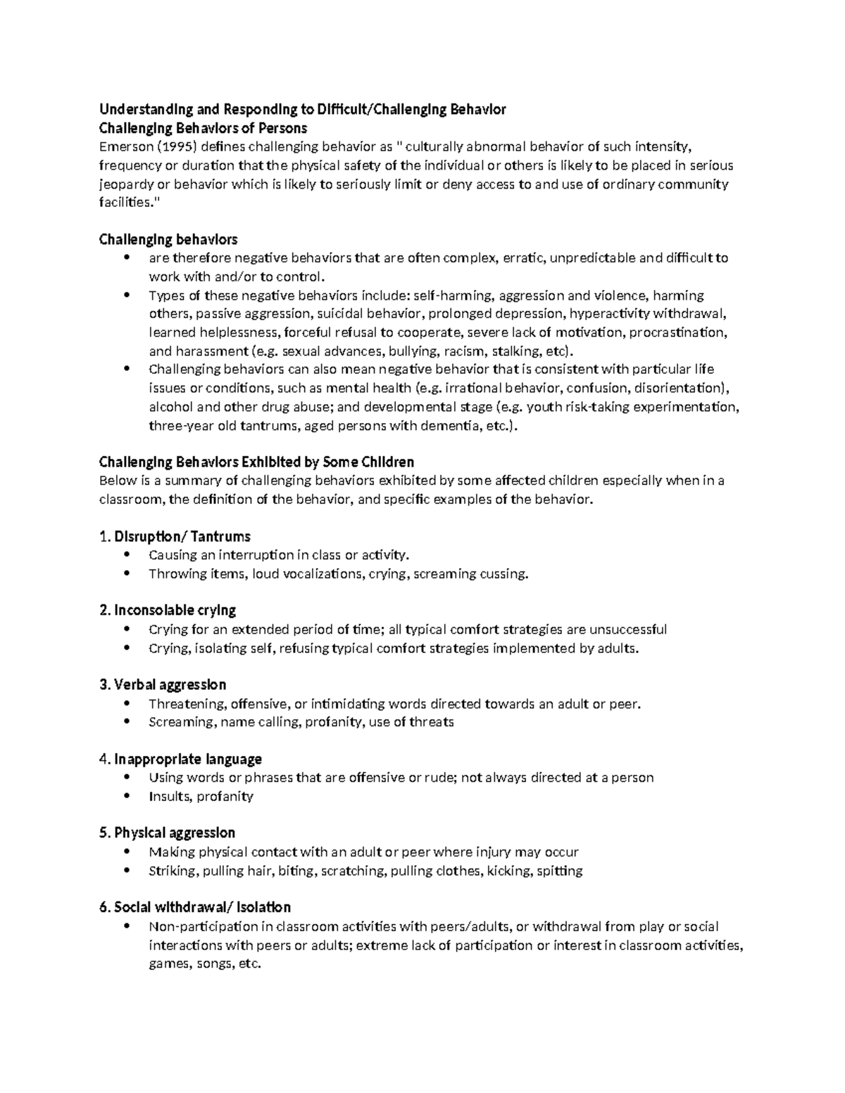 Lesson 1 - Understanding and Responding to Challenging Behaviors - Studocu
