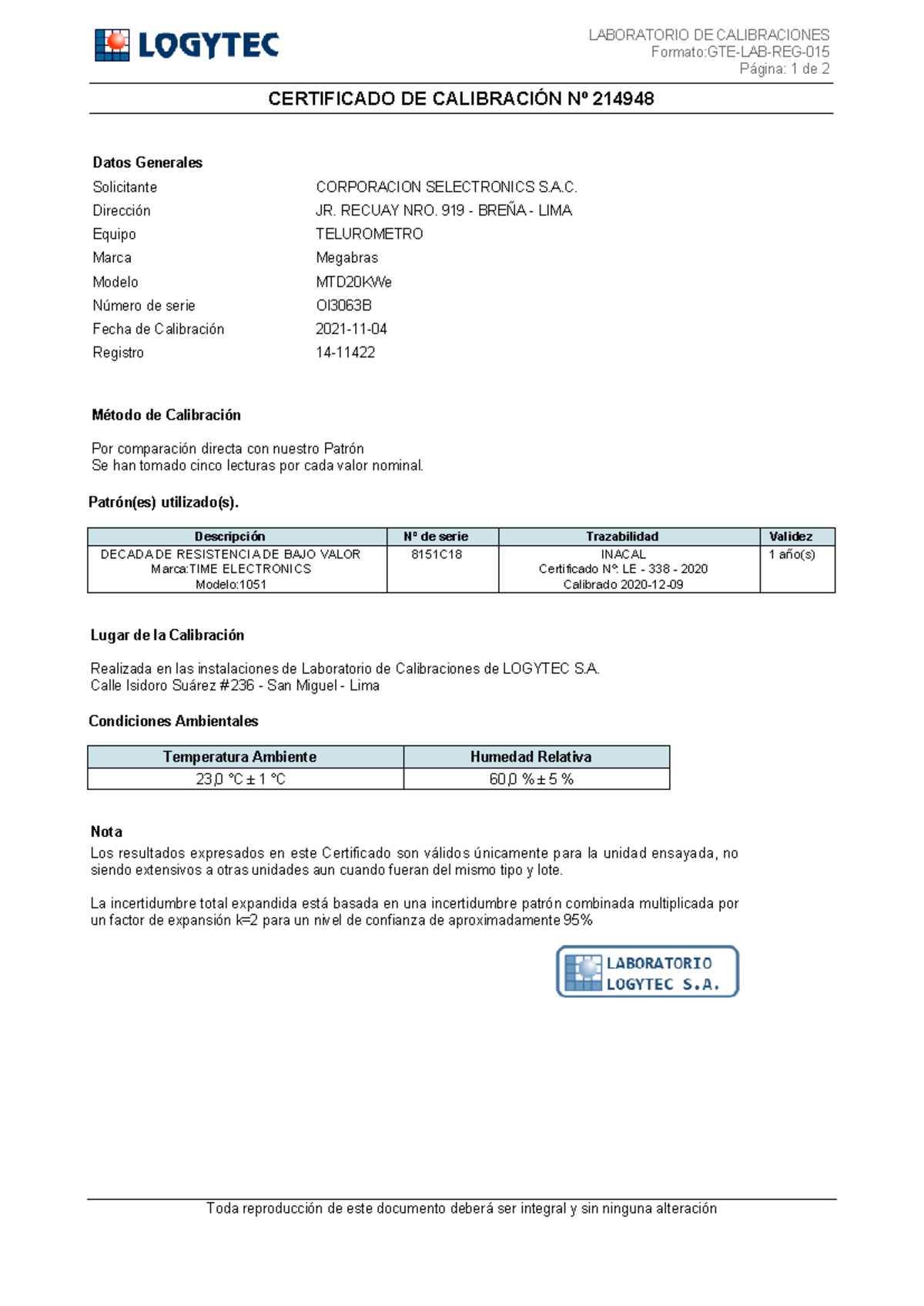 Certificado de Calibración Nº 214948 - Telurometro Megabras MTD20KWe - Document Preview