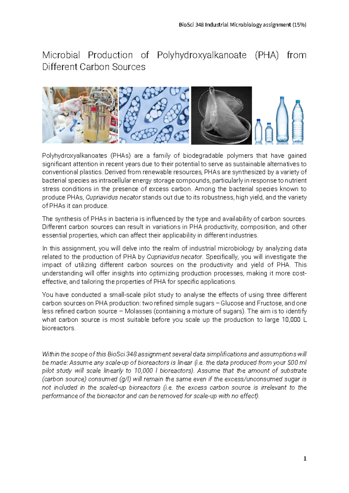 BioSci 348 Industrial Microbiology: PHA Production from Carbon Sources ...