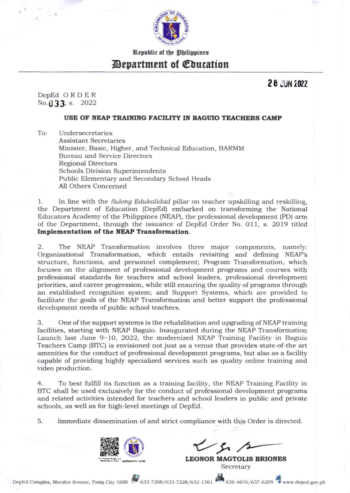 Use of NEAP Training Facility in Baguio Teachers Camp - ^li NG eo, J