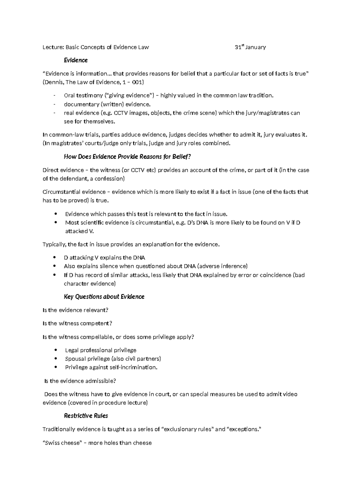 Lecture Notes: Basic Concepts of Evidence Law (Course Code) - Jan 31 ...