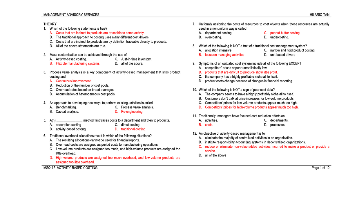 MANAGEMENT ADVISORY SERVICES (MAS) Activity Based Costing Notes - Studocu