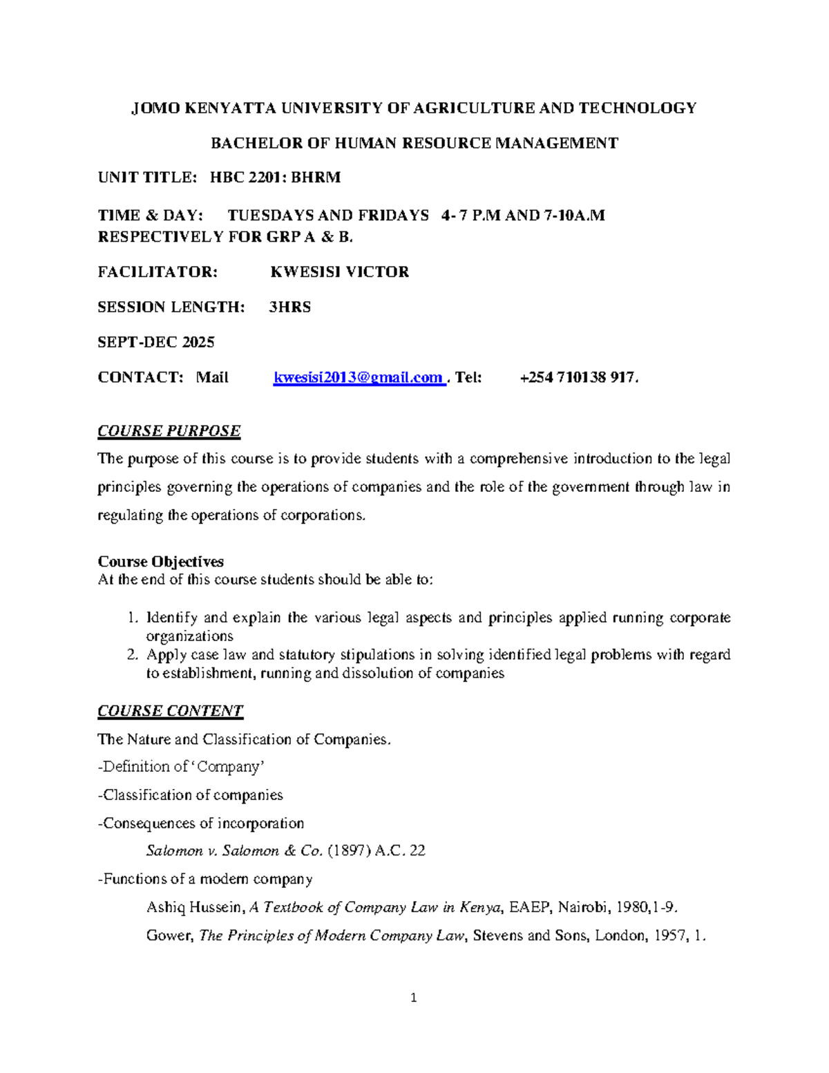 HBC 2201: Company Law Course Outline and Exam Preparation Guide - Studocu