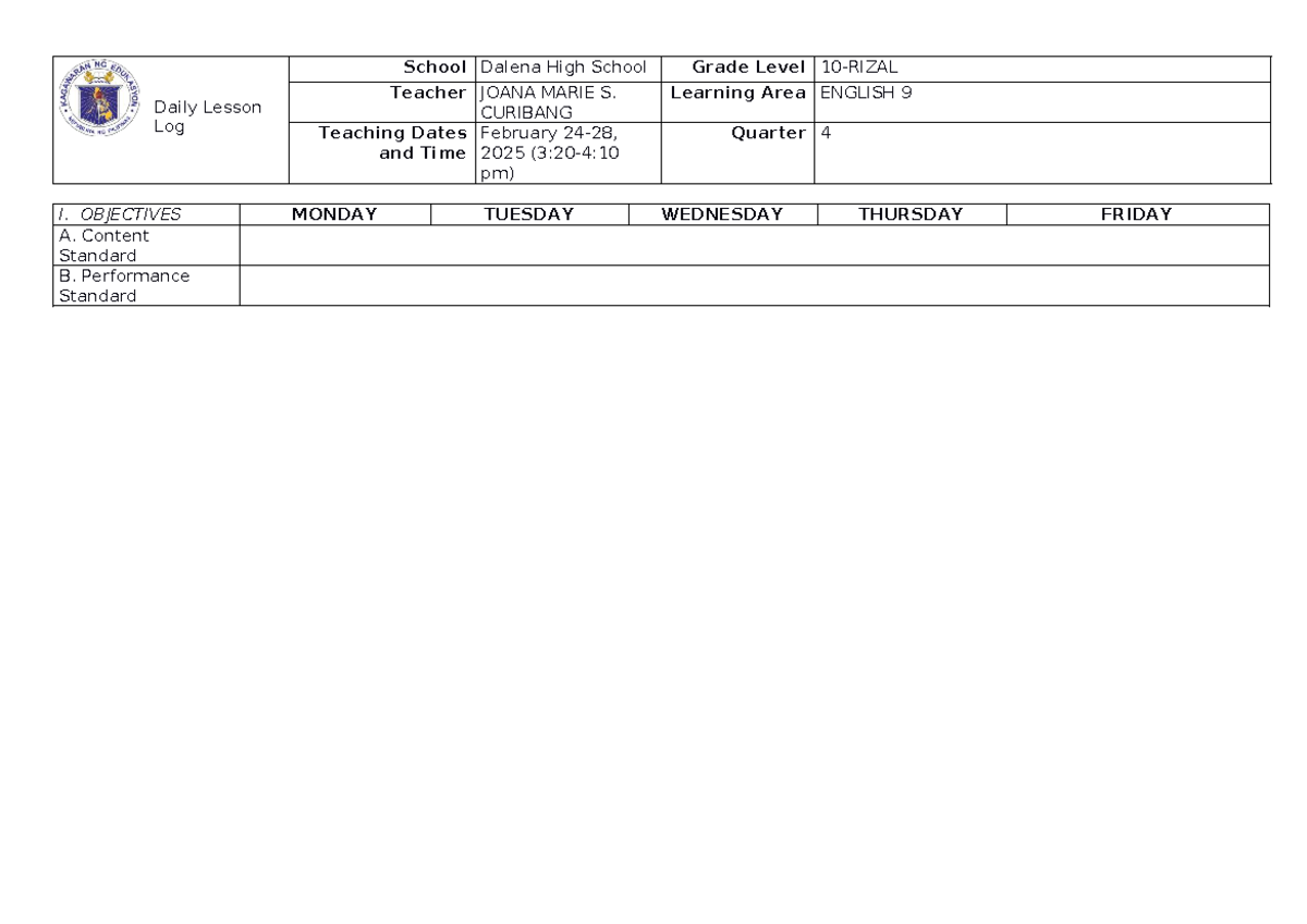 Q4 Daily Lesson Log for English 9 - Week 1 - Studocu