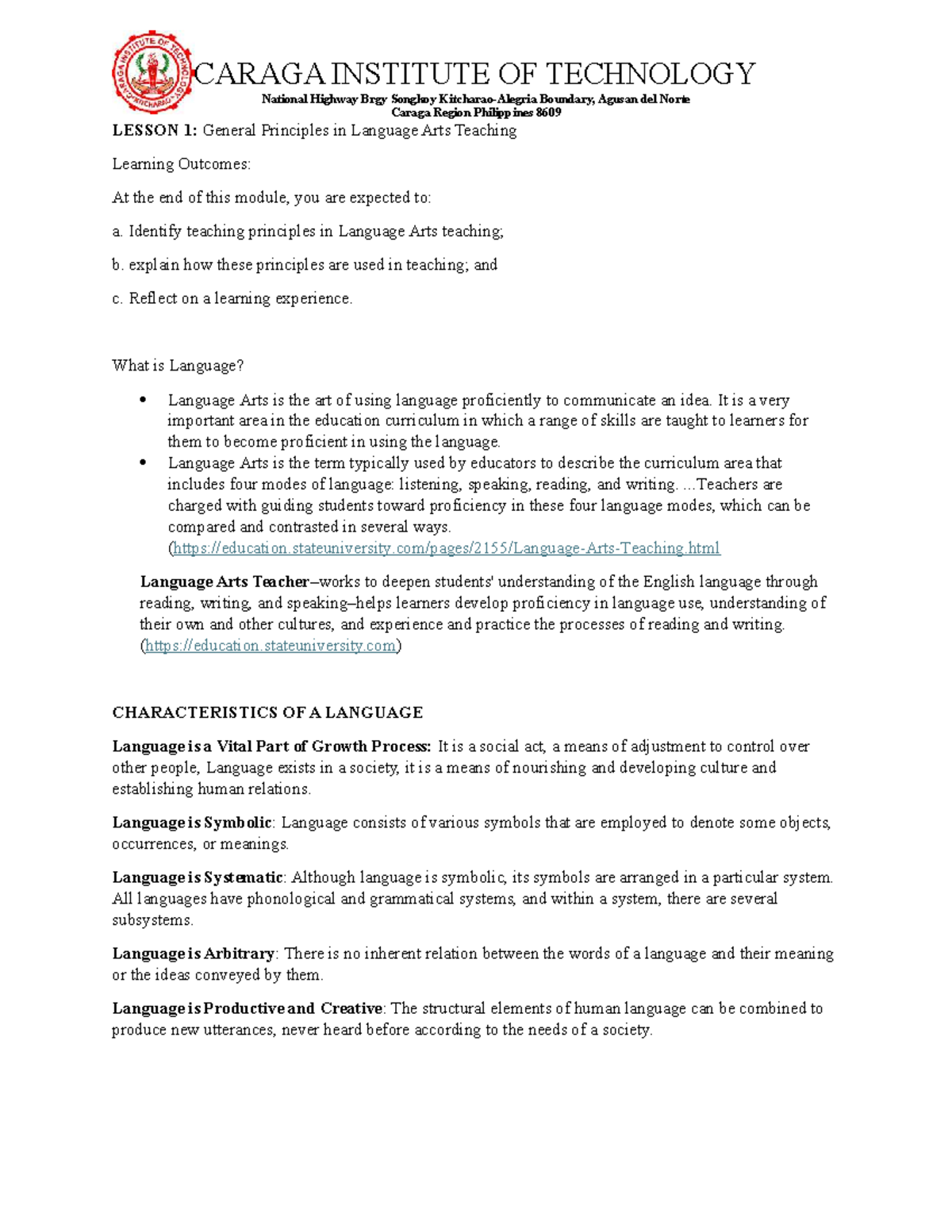 CIT 8609 LESSON 1: General Principles in Language Arts Teaching - Studocu