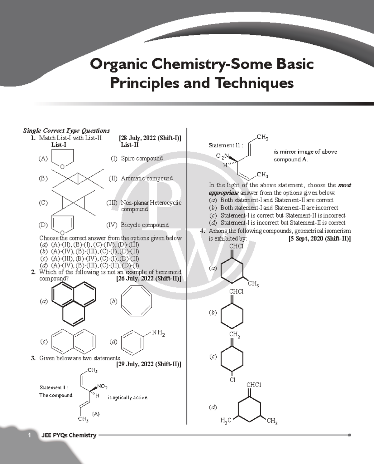 Organic Chemistry: Basic Principles & Techniques PYQ Practice Sheet ...