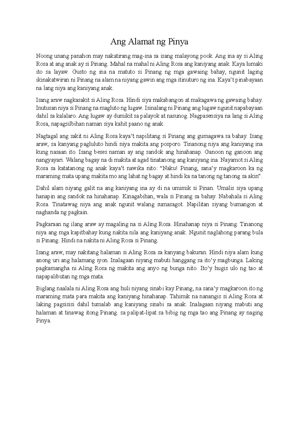 Alamat ng Pinya: Kwento ni Aling Rosa at si Pinang - Studocu