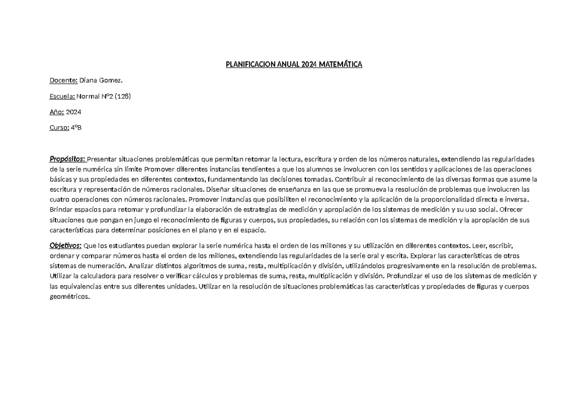 Planificación Anual 2024 - Matemática 4°B - Docente: D. Gomez - Studocu