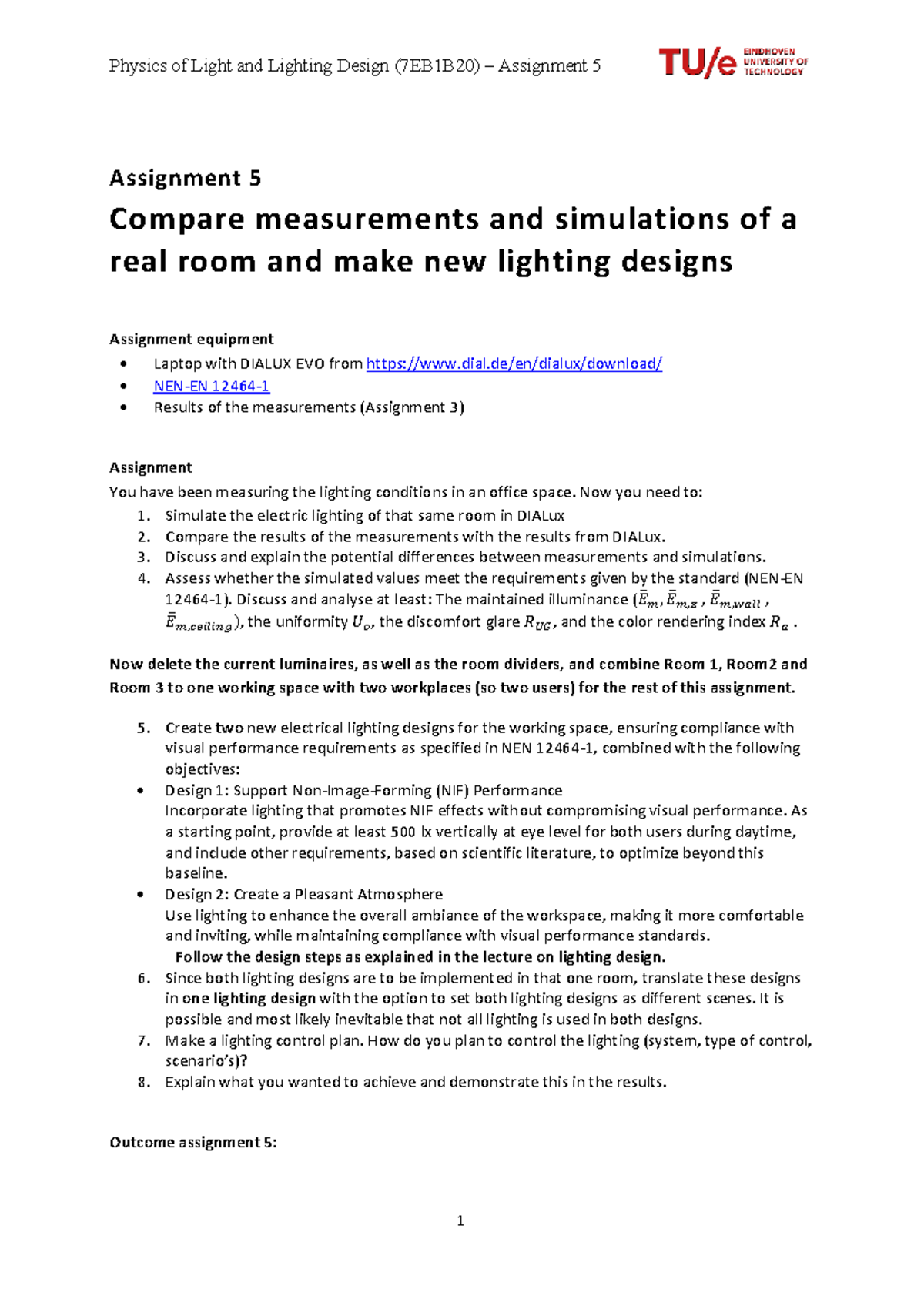 7EB1B20 Assignment 5: Lighting Design & Simulation Analysis - Studeersnel