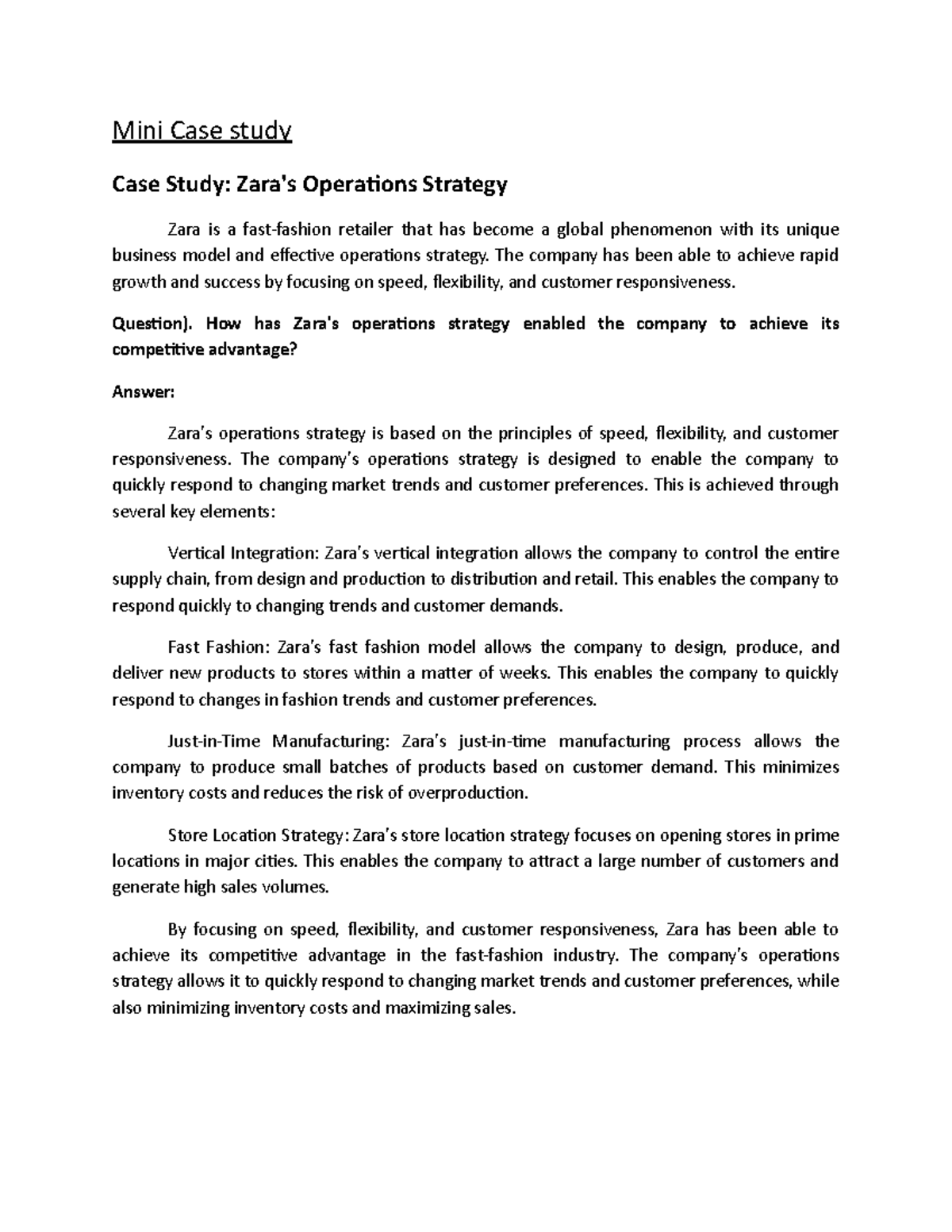 Zara's Ops Strategy Case Study: Achieving Competitive Advantage - Studocu