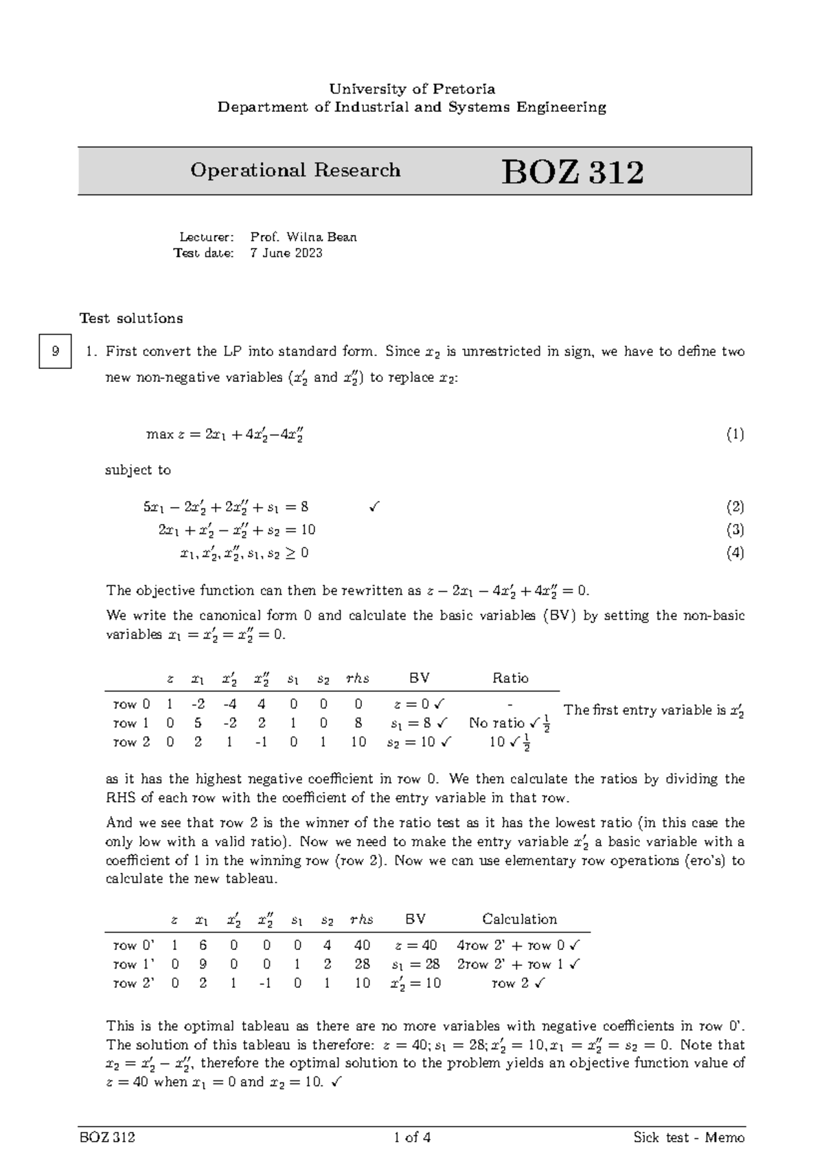 BOZ312 June 2023 Operational Research Test Memo Solutions - Studocu