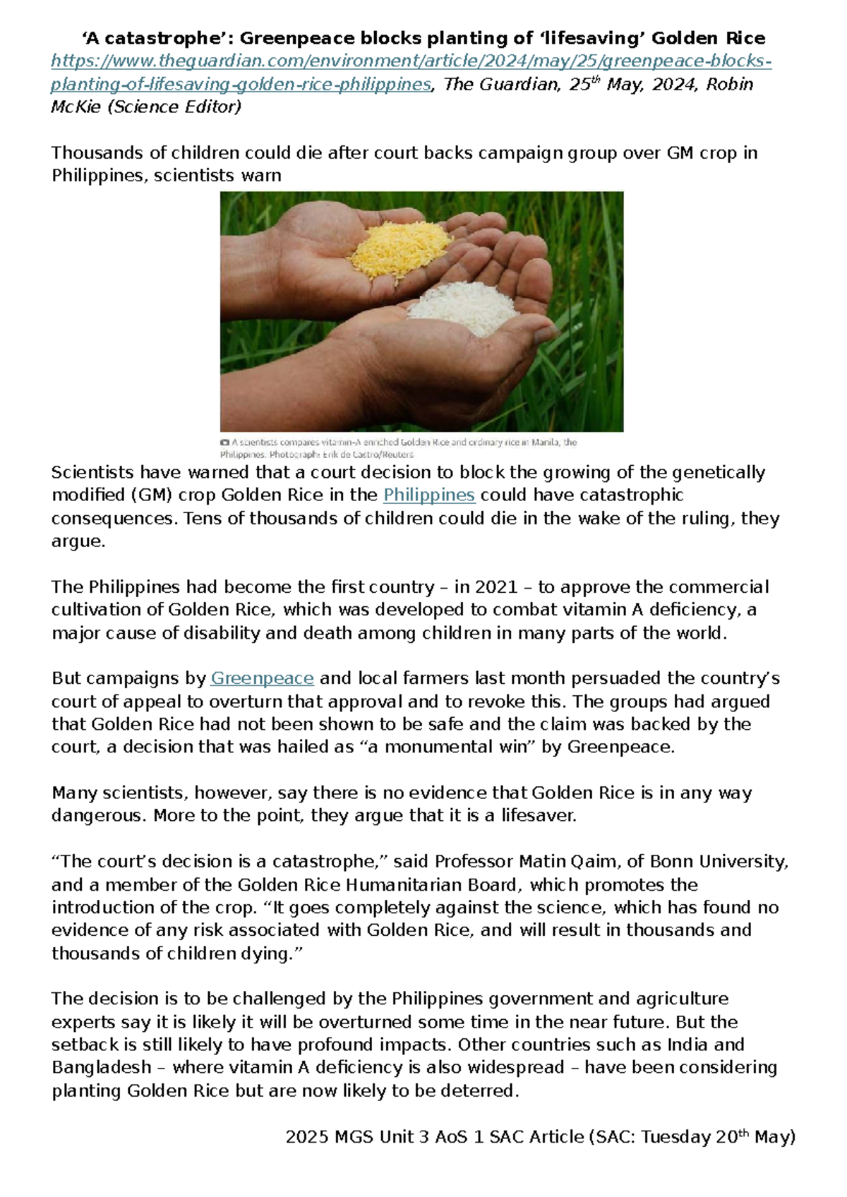 2025 MGS Unit 3 AoS 1 SAC: Impact of Greenpeace's Block on Golden Rice ...