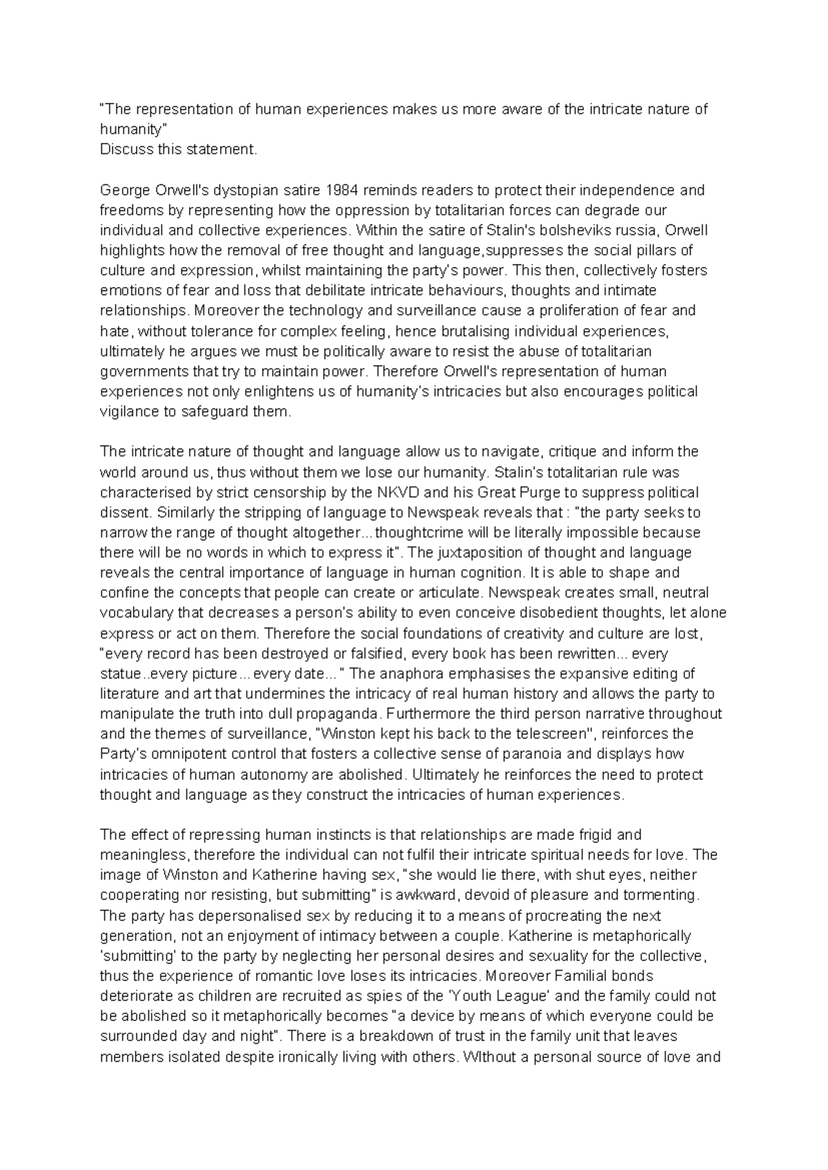 HSC 1984 essay - “The representation of human experiences makes us more ...