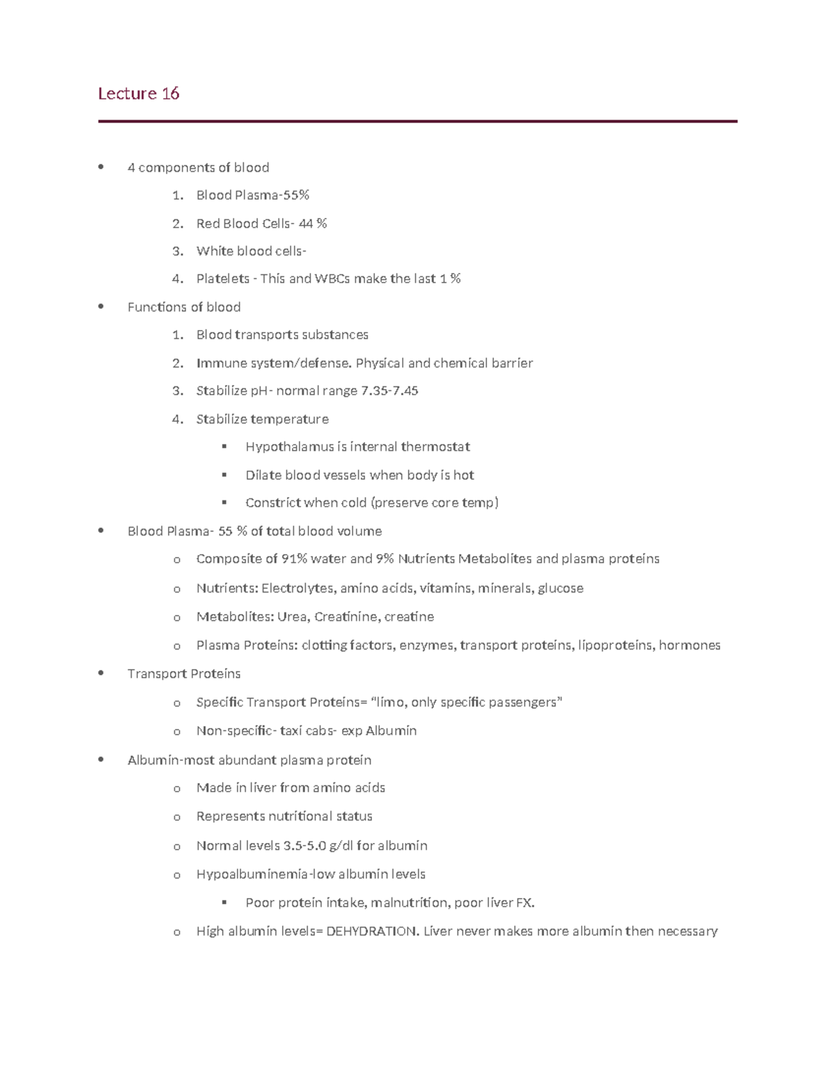 Lecture 16: Components and Functions of Blood in Human Physiology - Studocu