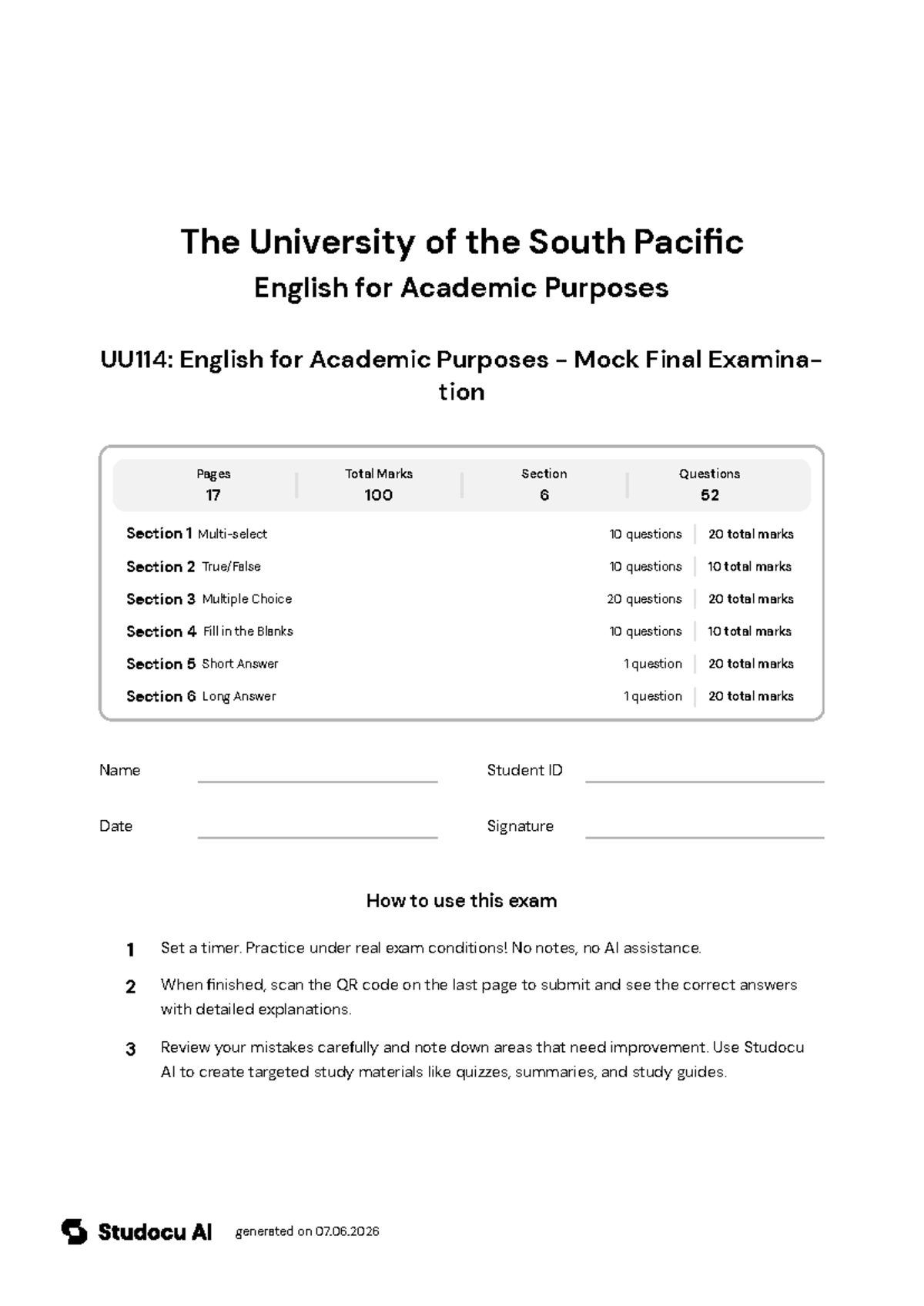 UU114: English for Academic Purposes - Mock Final Exam - Studocu