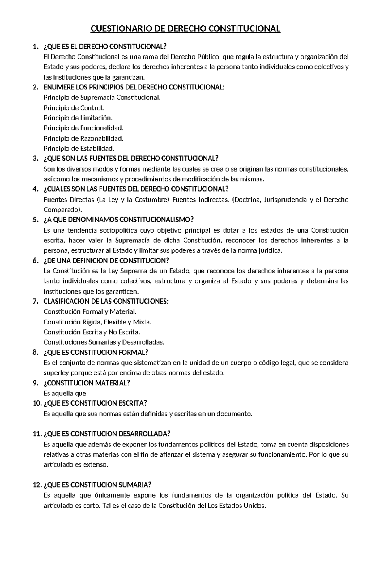 Cuestionario de Derecho Constitucional 1 - CUEST 101 - Studocu