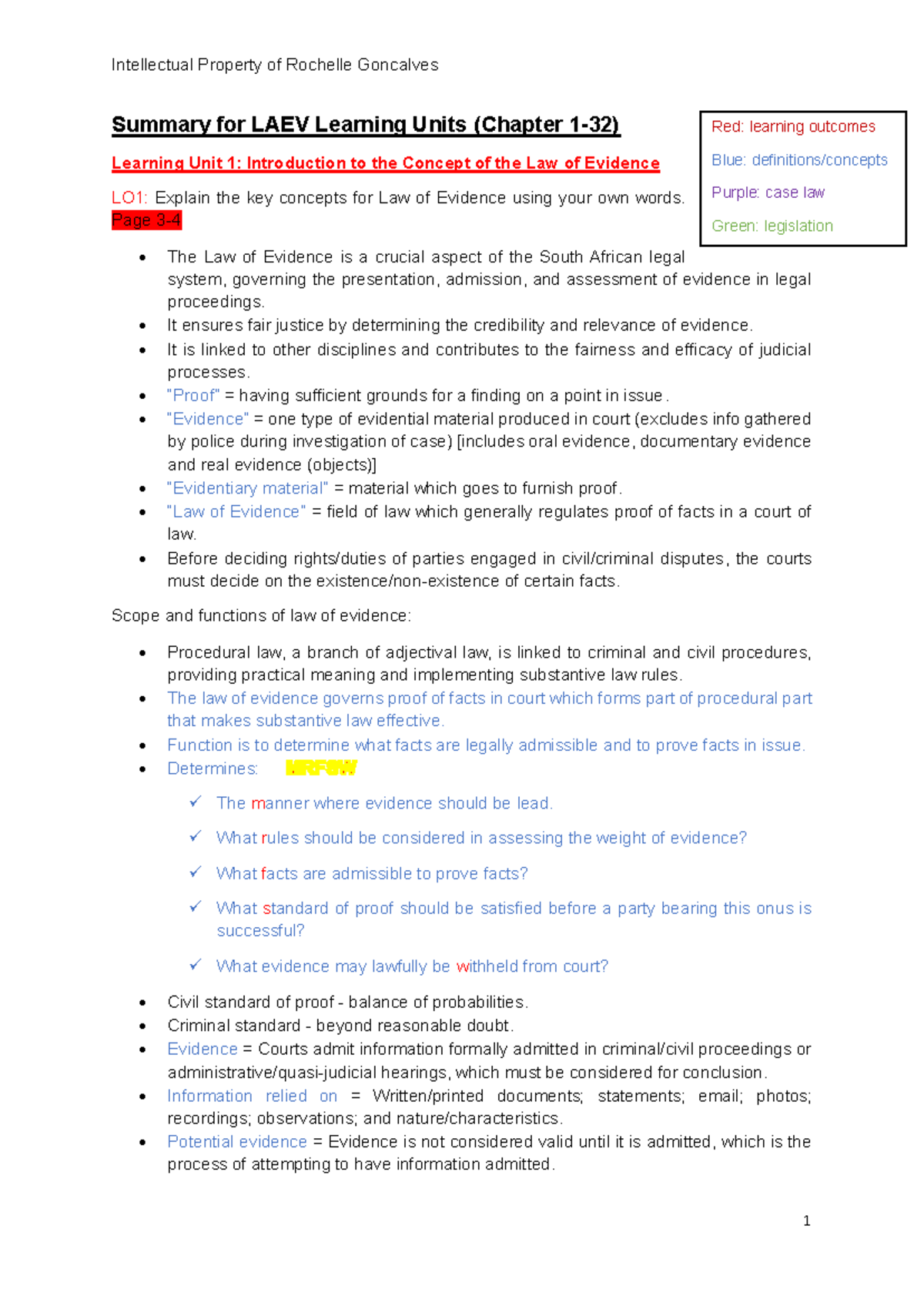 Summary of Law of Evidence (LAEV) Learning Units and Key Concepts - Studocu