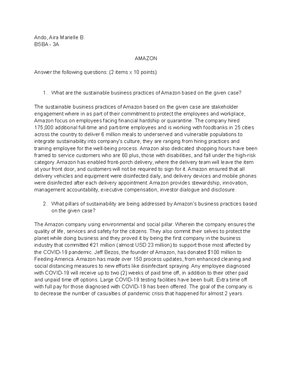 Amazon - notes - Ando, Aira Marielle B. BSBA - 3A AMAZON Answer the ...